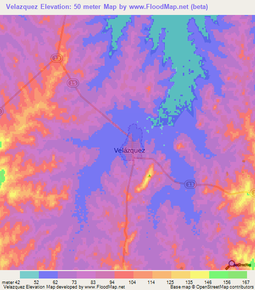 Velazquez,Uruguay Elevation Map