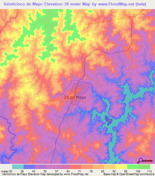 Veinticinco de Mayo,Uruguay Elevation Map