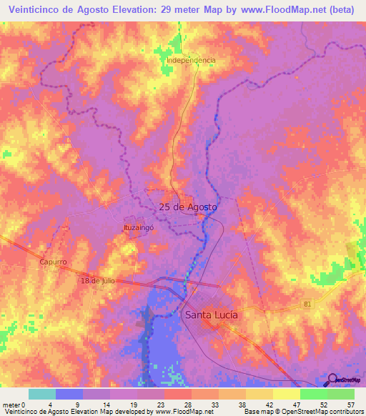 Veinticinco de Agosto,Uruguay Elevation Map