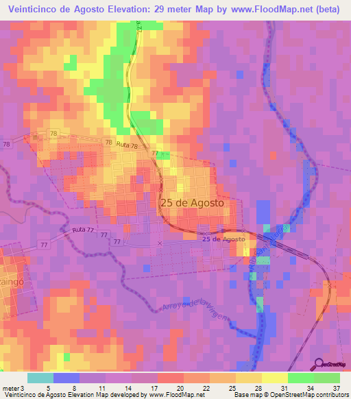 Veinticinco de Agosto,Uruguay Elevation Map
