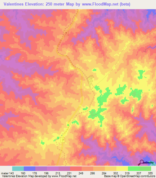 Valentines,Uruguay Elevation Map