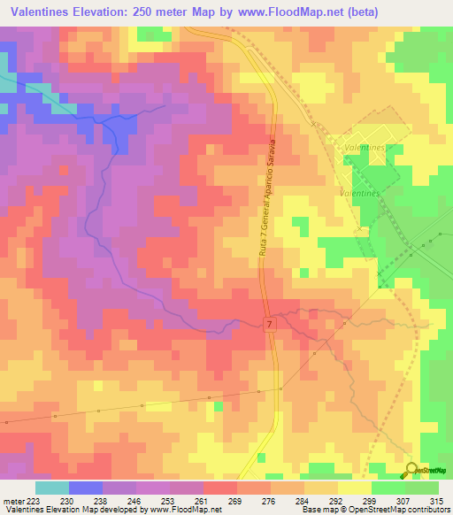 Valentines,Uruguay Elevation Map