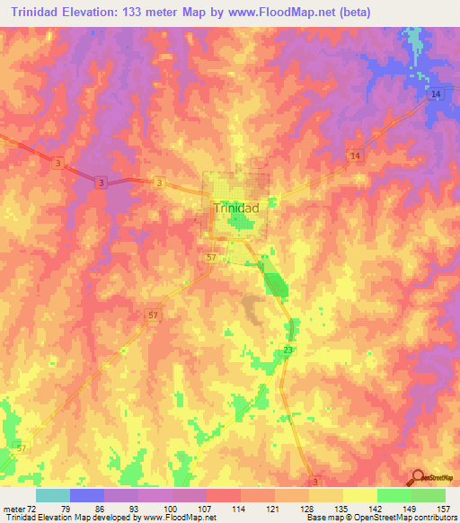 Trinidad,Uruguay Elevation Map