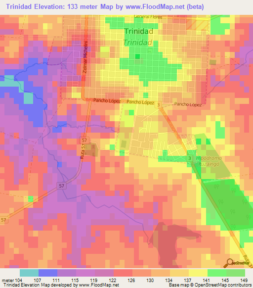 Trinidad,Uruguay Elevation Map