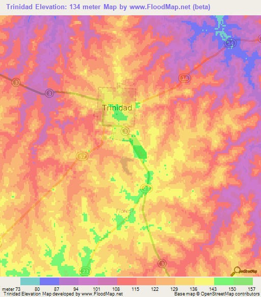 Trinidad,Uruguay Elevation Map