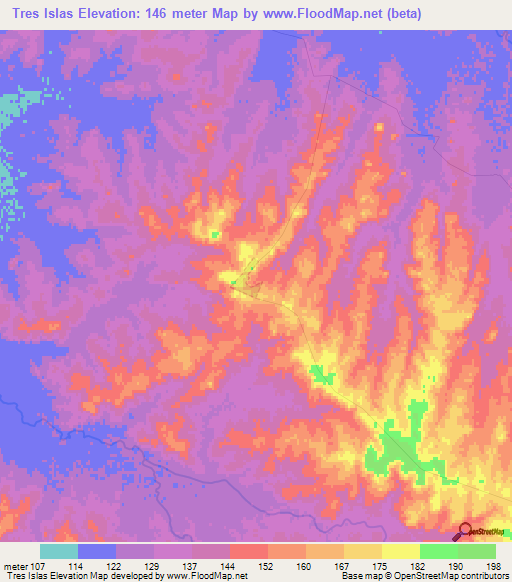 Tres Islas,Uruguay Elevation Map
