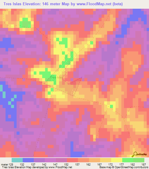 Tres Islas,Uruguay Elevation Map