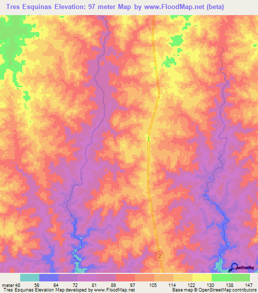 Tres Esquinas,Uruguay Elevation Map