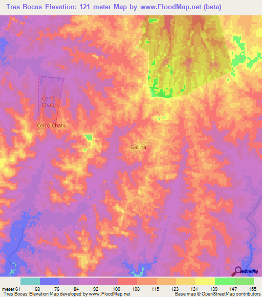 Tres Bocas,Uruguay Elevation Map