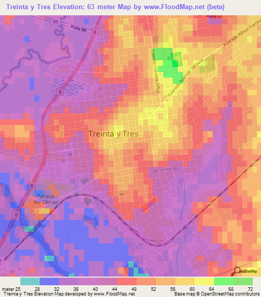 Treinta y Tres,Uruguay Elevation Map