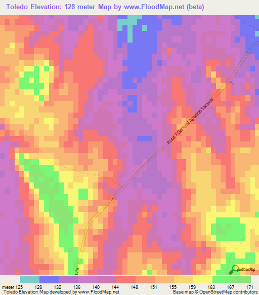 Toledo,Uruguay Elevation Map