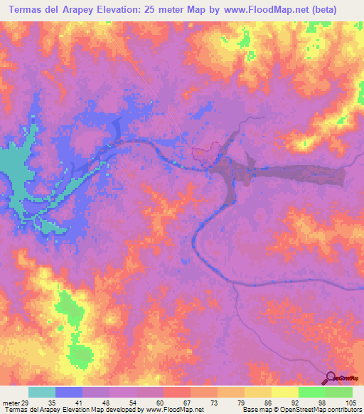Termas del Arapey,Uruguay Elevation Map