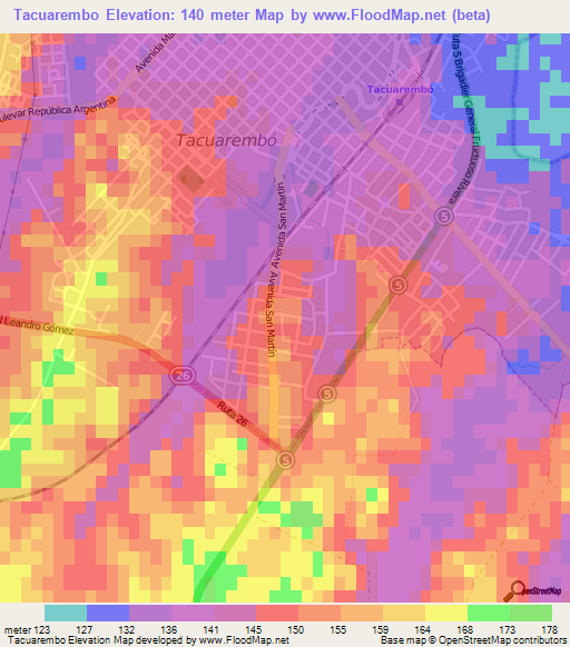 Tacuarembo,Uruguay Elevation Map