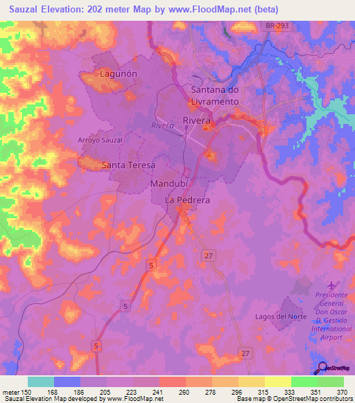 Sauzal,Uruguay Elevation Map