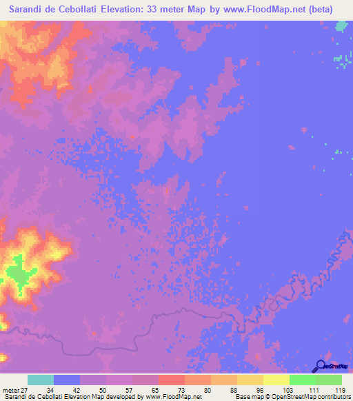 Sarandi de Cebollati,Uruguay Elevation Map