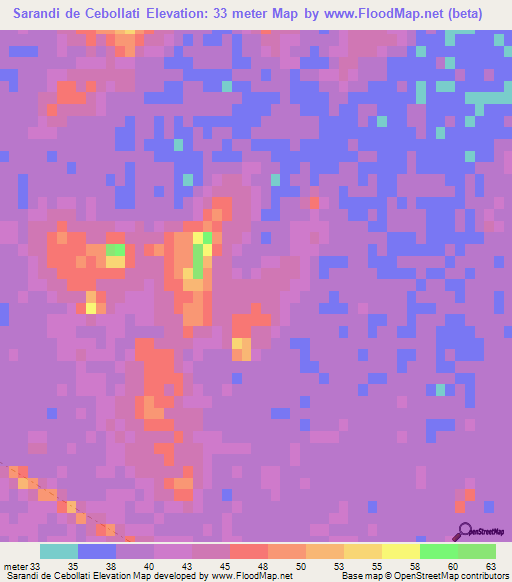 Sarandi de Cebollati,Uruguay Elevation Map