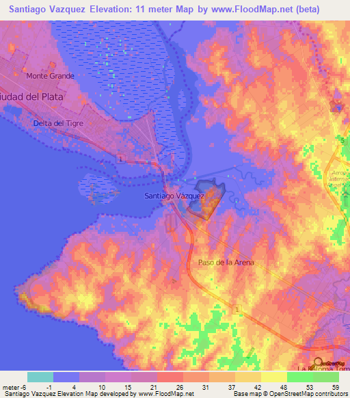 Santiago Vazquez,Uruguay Elevation Map