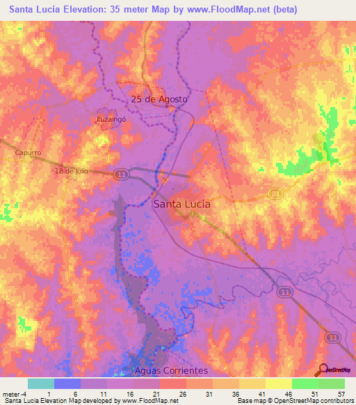 Santa Lucia,Uruguay Elevation Map