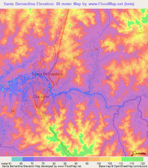 Santa Bernardina,Uruguay Elevation Map