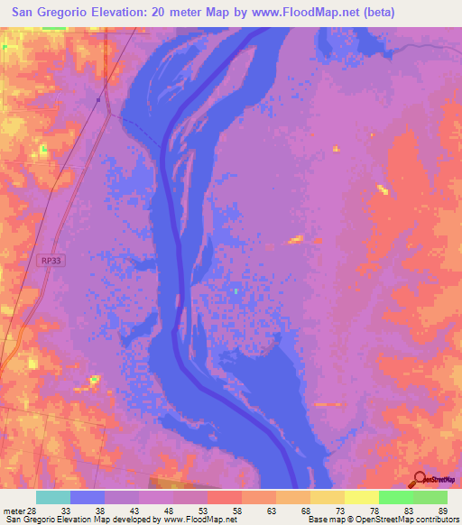San Gregorio,Uruguay Elevation Map
