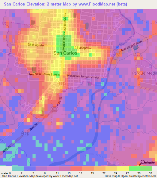 San Carlos,Uruguay Elevation Map