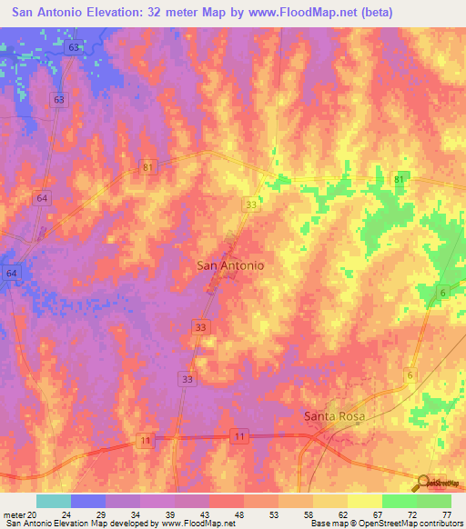 San Antonio,Uruguay Elevation Map
