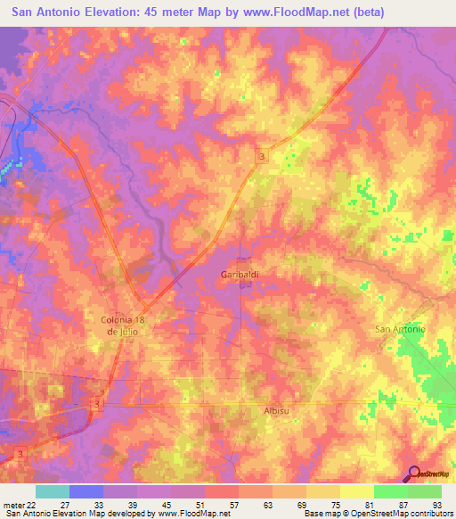 San Antonio,Uruguay Elevation Map
