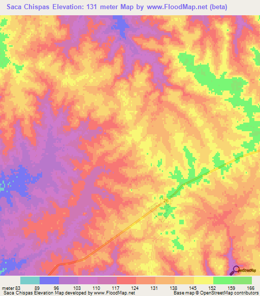 Saca Chispas,Uruguay Elevation Map