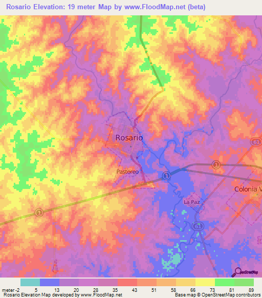 Rosario,Uruguay Elevation Map