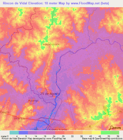 Rincon de Vidal,Uruguay Elevation Map
