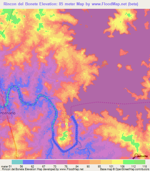Rincon del Bonete,Uruguay Elevation Map