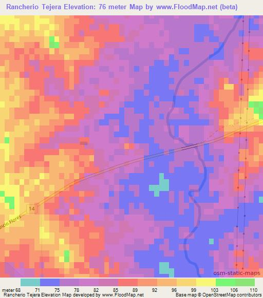 Rancherio Tejera,Uruguay Elevation Map