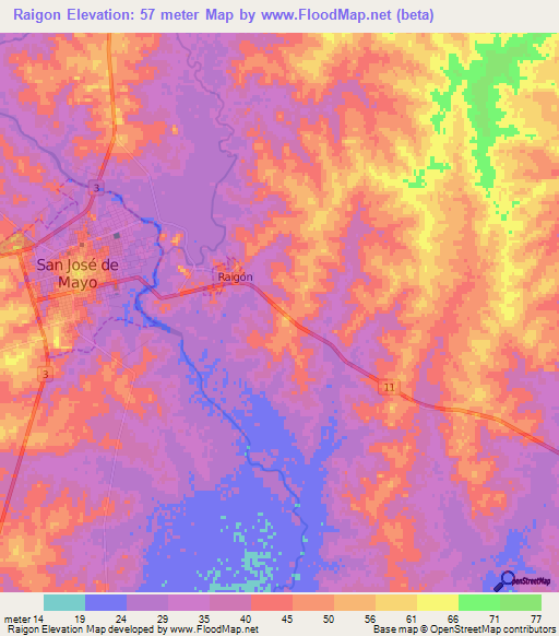 Raigon,Uruguay Elevation Map