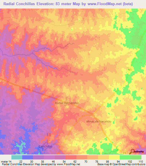 Radial Conchillas,Uruguay Elevation Map