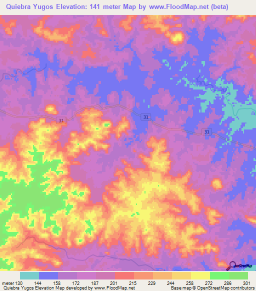 Quiebra Yugos,Uruguay Elevation Map