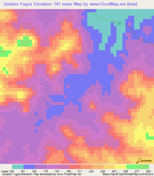 Quiebra Yugos,Uruguay Elevation Map