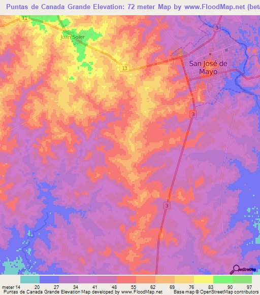 Puntas de Canada Grande,Uruguay Elevation Map
