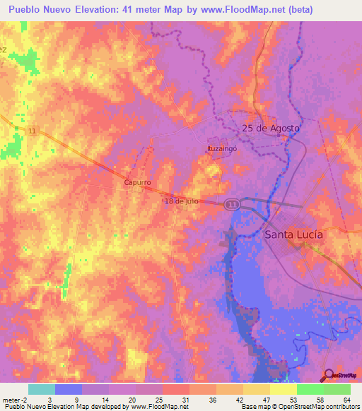 Pueblo Nuevo,Uruguay Elevation Map