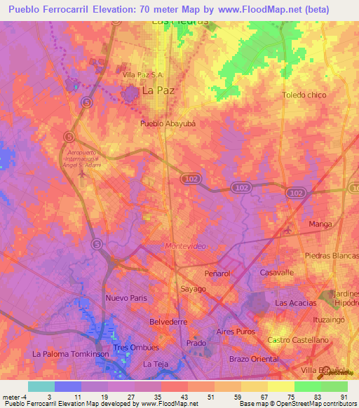 Pueblo Ferrocarril,Uruguay Elevation Map