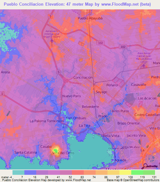 Pueblo Conciliacion,Uruguay Elevation Map