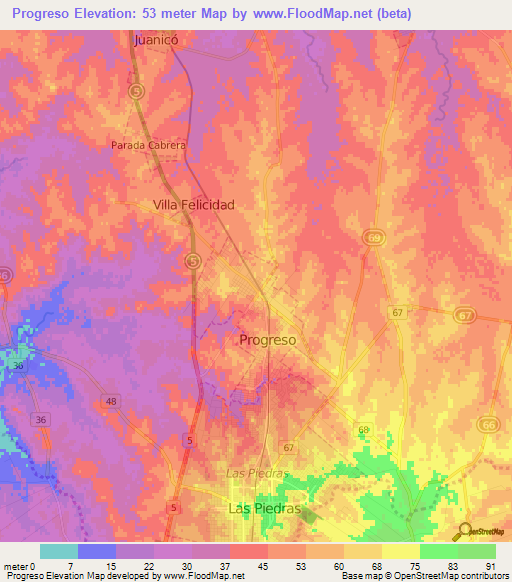 Progreso,Uruguay Elevation Map