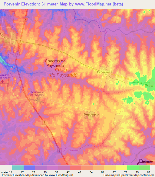 Porvenir,Uruguay Elevation Map