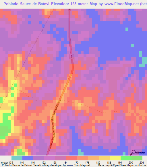 Poblado Sauce de Batovi,Uruguay Elevation Map