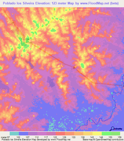 Poblado los Silveira,Uruguay Elevation Map