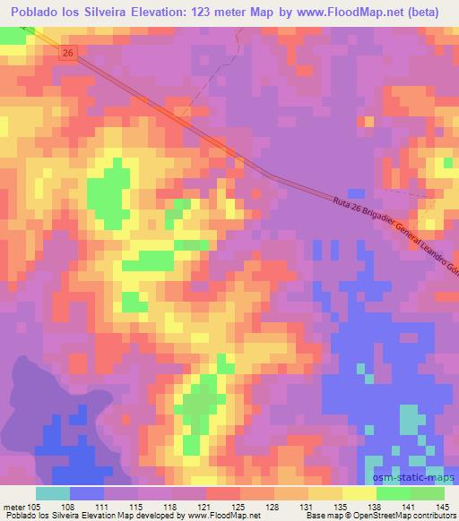 Poblado los Silveira,Uruguay Elevation Map