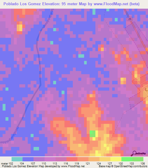 Poblado Los Gomez,Uruguay Elevation Map