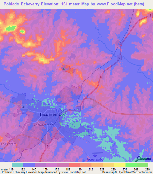 Poblado Echeverry,Uruguay Elevation Map