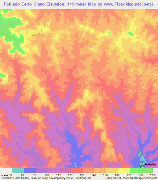 Poblado Cerro Chato,Uruguay Elevation Map