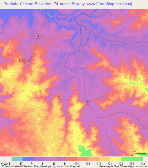 Poblado Celeste,Uruguay Elevation Map