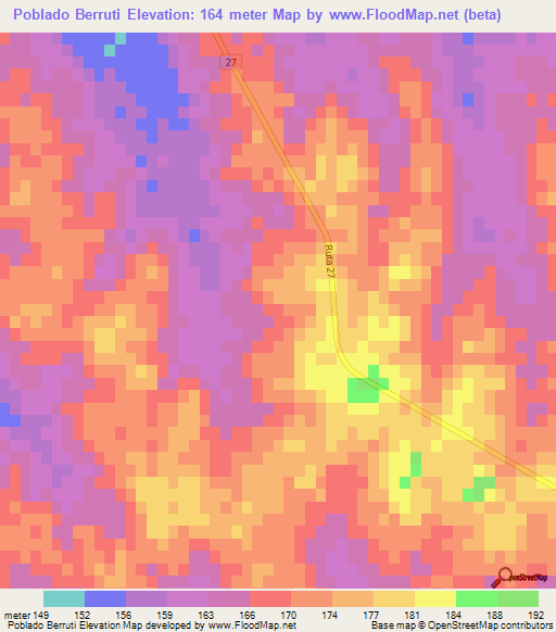 Poblado Berruti,Uruguay Elevation Map